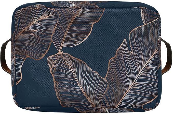 susiyo Gold Palm Leaves Navy Blue Closet Storage Bins with PU Handles, Foldable Fabric Storage Baskets for Shelves, Decorative Baskets Clothes Storage Baskets for Organizing-2Pack