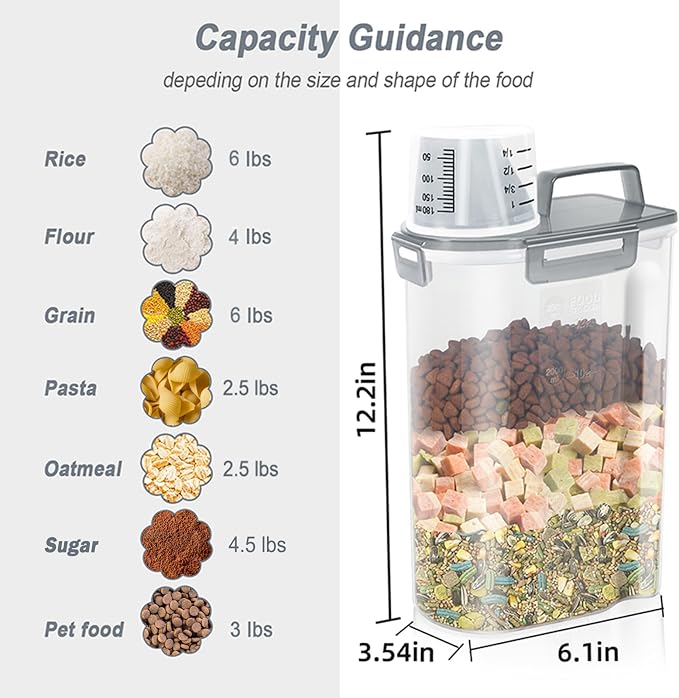 LEAWALK Airtight Rice Storage Container, 3-5Lbs Cereal Dry Food Flour Bin, Pet Dog Cat Food Dispenser with Measuring Cup, BPA Free Plastic Kitchen and Pantry Organization Bin for Sugar-Clear Grey