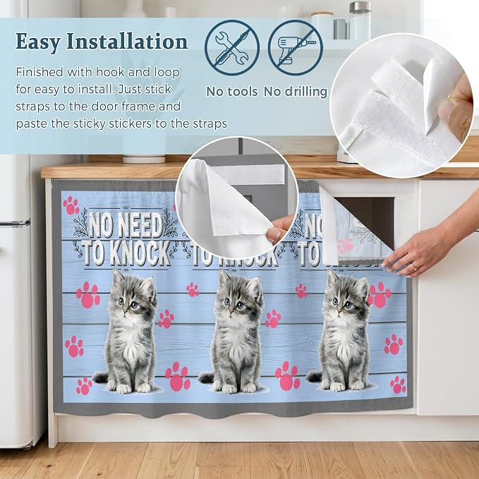 NO Need to Knock Oven Skirt Curtain for Kitchen Decor 28"x35", Cat Pet Paw Prints Pet Lover Farmhouse Self Adhesive Stove Curtains Skirt Cabinet Curtains for Bathroom Laundry Room