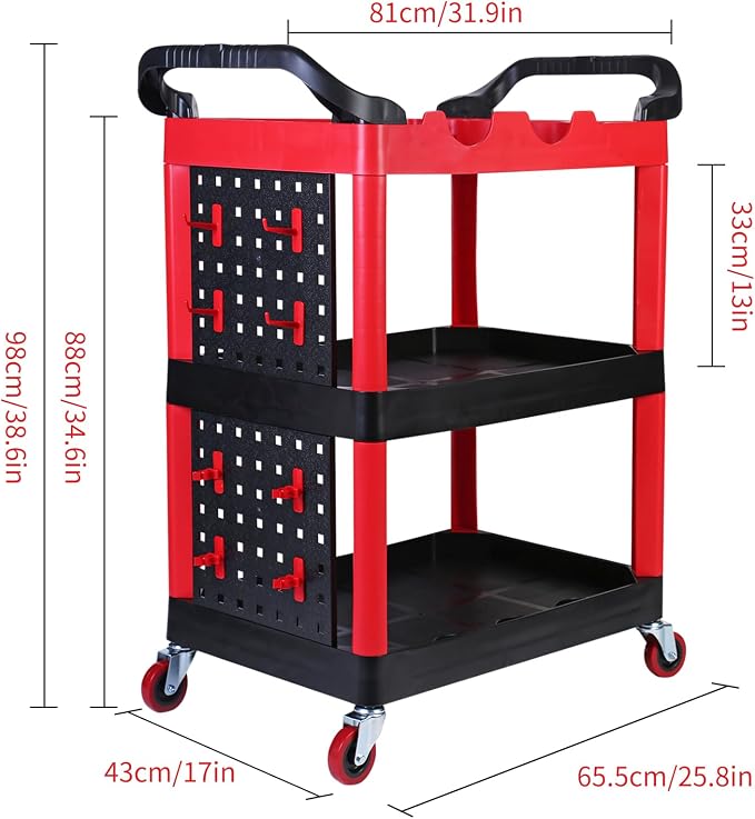 MaxWorks 50886 3 Shelf Rolling Utility Service Cart with Storage Carts and Bottle Holders with Side Hanging Hook 440-lb Capacity