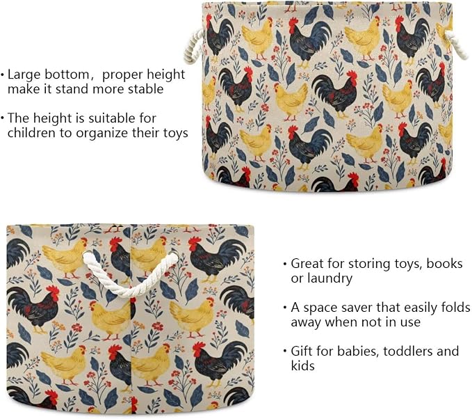 Chicken Rooster Collapsible Round Storage Basket with Handles | Hen Flower Print Large Laundry Baskets Hamper, Clothes Organizer Bin for Nursery Bedroom Living Room Decor, 20x 20x 14 Inches