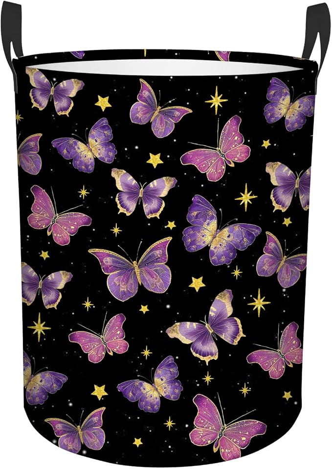 Butterfly Laundry Hamper Girls Boys, Baby Nursery Laundry Basket for Bedroom, Round Collapsible Waterproof Storage Bin with Handles for Toys, Storage Basket for Boy, Butterfly Room Decor, 13.8x17.7in