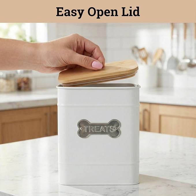 Dog Treat Container Airtight, 6"W x 8"H, Powder Coated, 12 Cup Capacity | Fits All Popular Treats, 12 Cup Capacity, Airtight Bamboo Lid, Easy Open Lid, Dent-Resistant Durable Metal