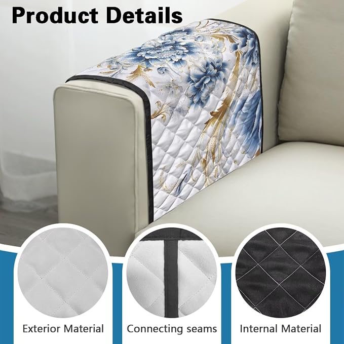 Sofa Armrest Covers Non-Slip Arm Rest Covers Washable Couch Arm Cover with Organizer Pockets Dustproof Furniture Protector for Living Room Decoration Floral