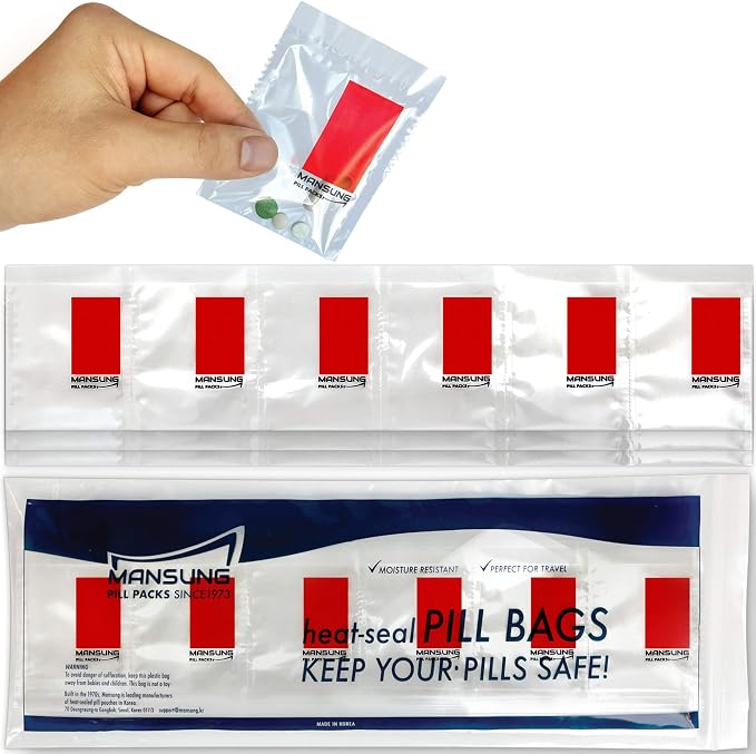 Mansung M 600 Bags/Red, Heat Seal Pill Bags, Suite, Sorter Organizer for Medication, Food Safe, BPA Free Heat Seal Bag pouche Pack Organizer Dispenser kit Daily Blister Packs Use with Tray, AM PM