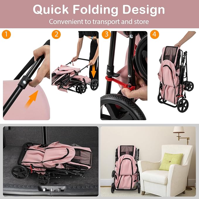 Giantex Double Pet Stroller with 2 Detachable Carrier Bags, Safety Belt, 4 Lockable Wheels, Folding Cat & Dog Stroller for Small Medium Pets, Cats Dogs Puppy Travel Strolling Cart (Pink)