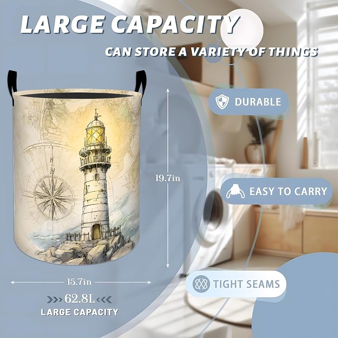 Lighthouse Laundry Basket, Coastal Ocean Compass Map Storage Hamper, Round Collapsible Waterproof Cloth Bin, 19.7x15.7 Inch Rustic Watercolor Clothes Organizer Gifts for Bathroom Decor