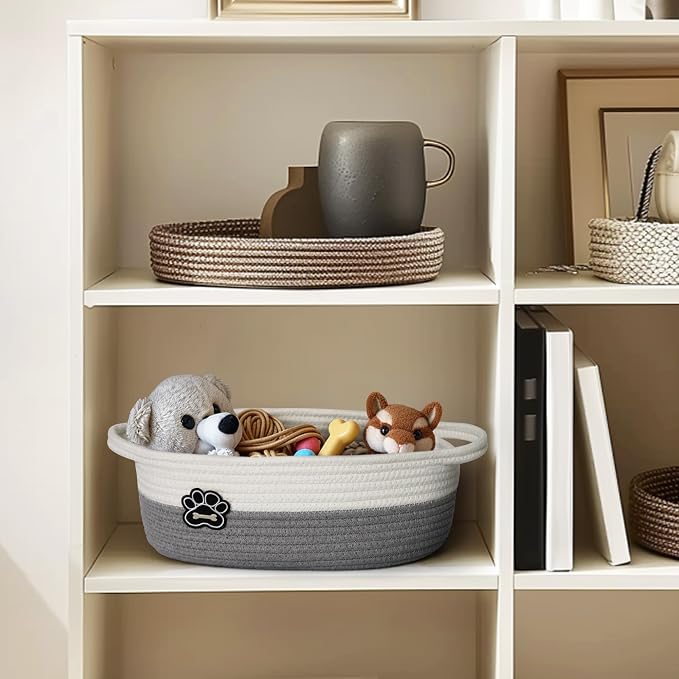 Small Dog Toy Basket, Soft Cotton Rope Dog Cat Toy Bin, Woven Storage Basket for Living Room Nursery, Cats Pet Gift Basket Empty, Decorative Wicker Storage Box with Handle, 13"x 9"x 5"