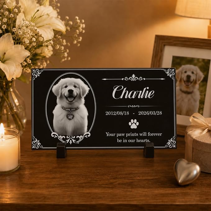 Personalized Pet Memorial Stone, Custom Granite Pet Grave Marker | for Dogs & Cats , Engraved Memorial Plaque with Photo Name Dates & Message, Indoor Outdoor Garden or Tabletop Display