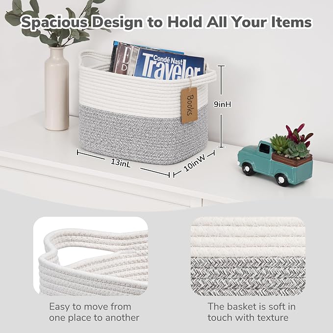 Goodpick Woven Rope Storage Basket for Shelves, Rectangle, Light Gray | 13" × 10" × 9" Stylish Gift Basket for Home Decor, Cotton Rope Baskets for Clothes, Towels & Toys Storage, Reinforced Handles