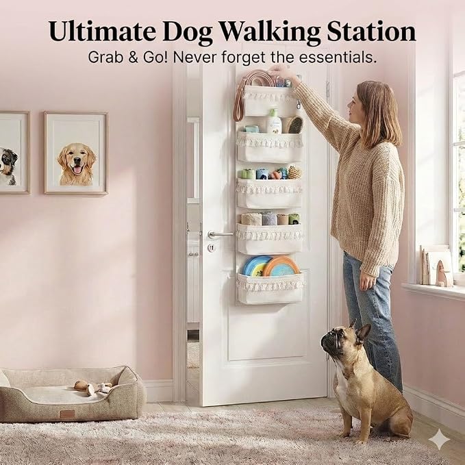 Over The Door Organizer, Pet Supplies Hanging Storage Rack, Beige | Boho Canvas 5-Tier Pocket With Tassels. Features PE Front, Wipeable Bottom & 44lbs Capacity. Ideal For Bathroom & Nursery.