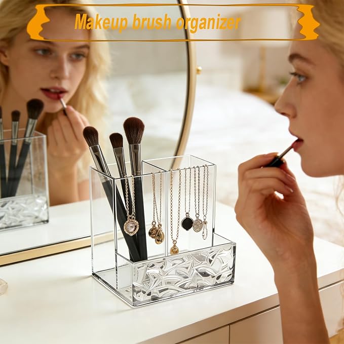 Clear PET Pen Holder, 3 Compartment Desk Organizer, Shatter-Resistant, Stronger Than Acrylic, for Office Home School Bathroom Makeup