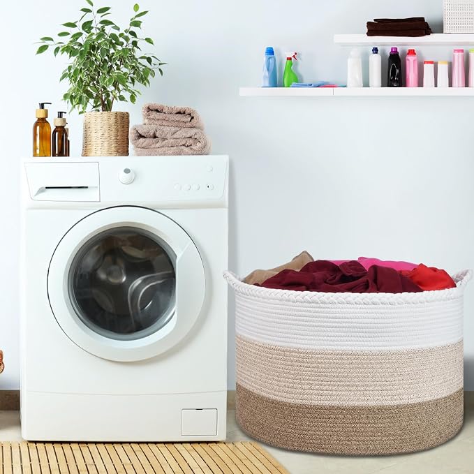 COMSE XXXLarge Woven Blanket & Laundry Basket, 87L, White & Gradient Brown | 21.7" x 13.8", Cotton Rope, Nursery Hamper for Storage of Toys Clothes Towels, Ideal for Living Room Bedroom Bathroom