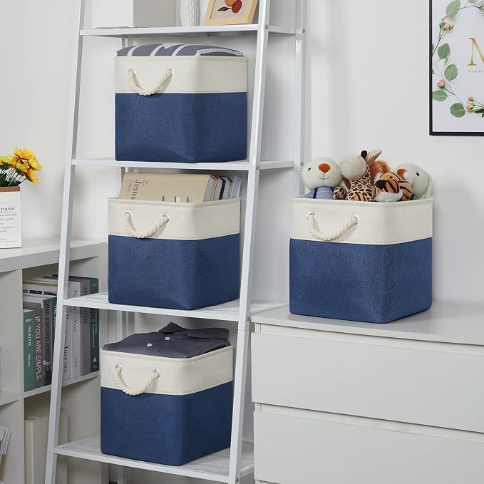 Temary Fabric Storage Cubes 11x11 Cube Storage Bins 4Pack Blue Basket for Organizing Home, Closet, Empty Gift Baskets with Handles (White&Blue)