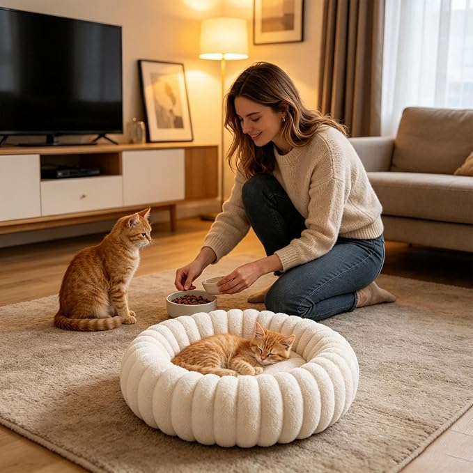 Round Dog Bed Raised Edge Soft Warm Plush Sleeping Mattress | Dog Donut Bed for Puppy Senior Kitten Indoor Outdoor Floor Bedside Kennel Couch Travel Car Home