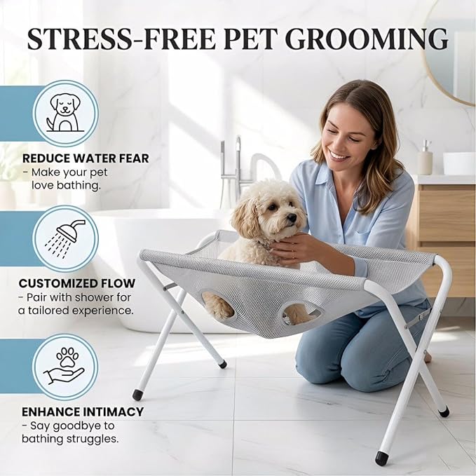 Foldable Pet Grooming Table Bathing Stand for Small Dogs Cats | Reinforced Steel Grooming Hammock Stand, Quick Dry Polyester Mesh, Easy Bathing Station Support for Countertop Sink