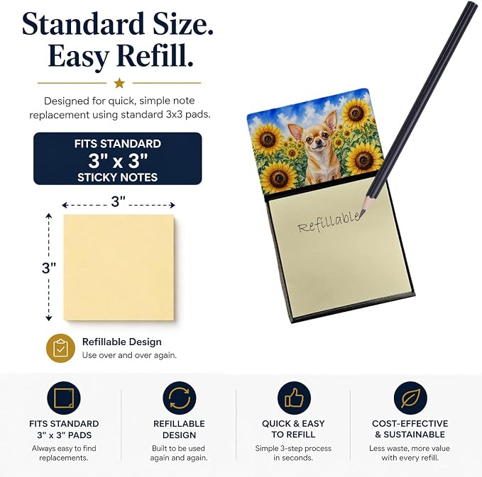 Caroline's Treasures Chihuahua in Sunflowers Watercolor Sticky Note Holder Refillable Dispenser Desk Accessory 3x3 Pad Gift