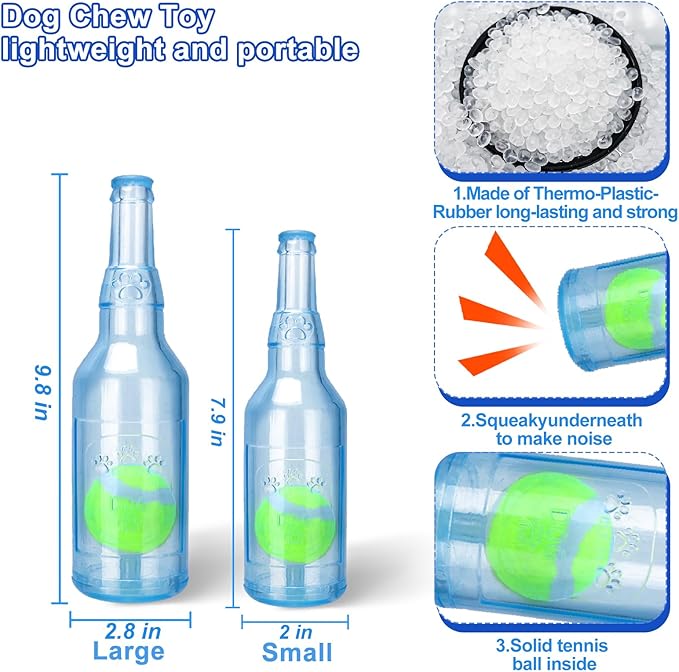 QTLJJBY Squeaky Ball in Bottle Dog Toy, TPR Wine Bottle with Tennis Ball Inside Toy for Puppy (Blue, Small)