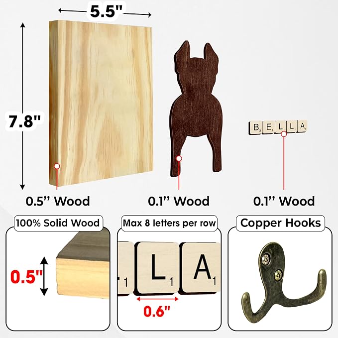 Doberman Dog Leash Holder Wall Mount with Scrabble Letters, Wooden Dog Wall Hook Organizer, Pet Collar and Harness Holder Entryway, Key Hook and Leash Rack, Gift for Pet Lovers, Home Decor PF297-33