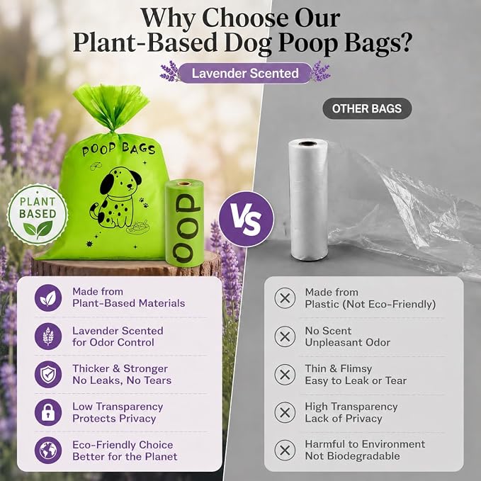 Dog Poop Bags rolls with Dispenser,120 pack Plant-Based Material | Dog Waste Bags Extra Thick Leak-Proof , Lavender-Scented Dog Poop Bags, 13x9 Inch for Bags for Dogs Walking and Cat Litter