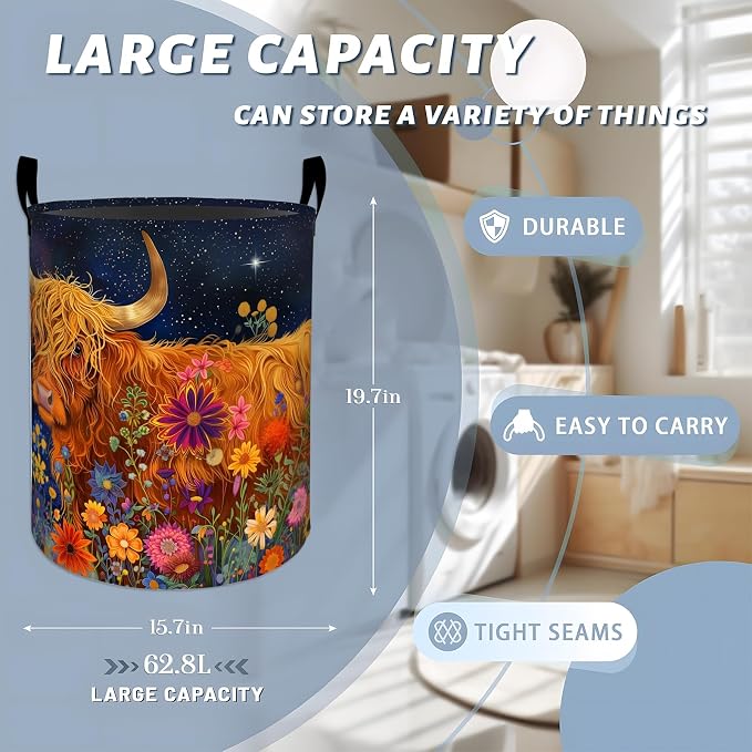 Starry Sky Highland Cow in Colorful Wildflowers Laundry Basket with Handles, 19.7"x15.7" Clothes Foldable Laundry Hamper Organizer for Dorm Nursery Bedroom Bathroom Decor, Toy Storage Bin for Kids