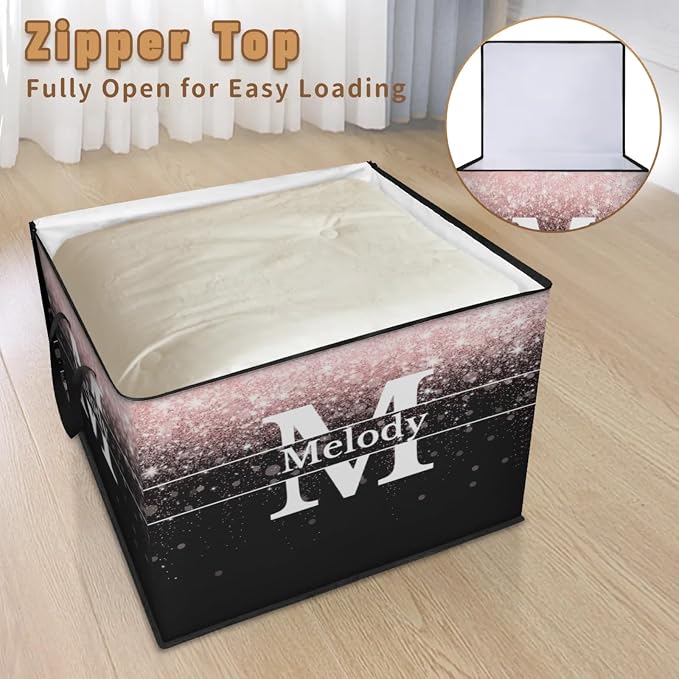 Custom Comforters Storage Basket with Lid, Personalized Name Initial Letter Large Organizer Bin for Pet/Children Toys, Books, Clothes, Perfect for Rooms/Playroom, Pale Pink Bling with Black