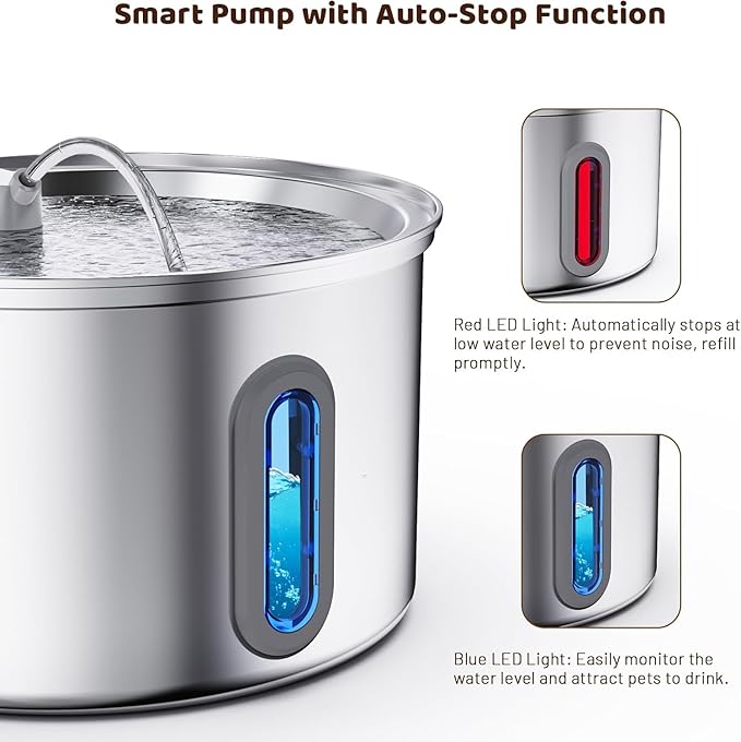 Cat Water Fountain Stainless Steel, 3.2L/108oz Pet Fountains for Drinking with Smart Quiet Pump and Large Water Level Window, Easy-to-Clean Automatic Pet Water Dispenser for Indoor Use