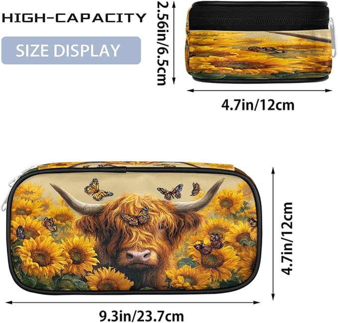 Pencil Cases Large Capacity Pen Pouch, Sunflower Cow Butterfly Pencil Box Organizer School Supplies for College Student Teen Adults