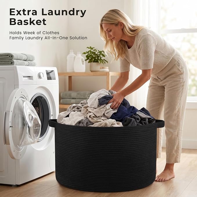 OIAHOMY 90L Extra Large Blanket Basket - Decorative Cotton Rope Storage Basket for Bedroom, Living Room & Nursery - Woven Laundry Hamper for Organizing Blankets, Clothes & Toys - Black