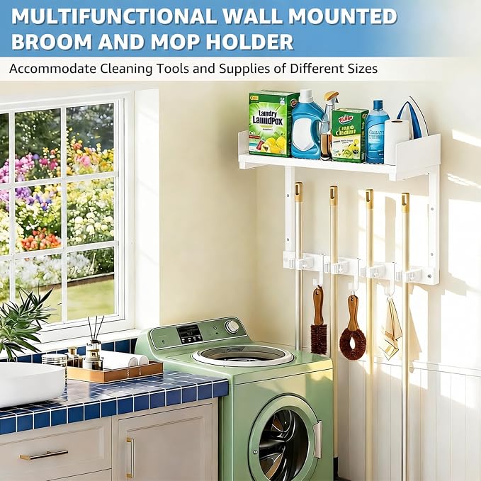 Mop Broom Holder Wall Mount with Top Shelf, Broom Organizer Wall Mount | 15inch,Mop Broom Wall Hanging Heavy Duty Tools Storage Rack Space-Saving for Garage,Kitchen,Laundry Room