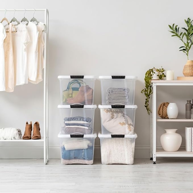 IRIS USA 40 Qt Storage Bins with Lids, 6 Pack, Clear/White | Versatile storage for clothing, linens, seasonal décor, closet organization, and shelving units.
