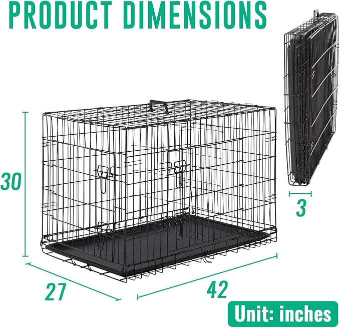 FDW Dog Crate for Large Dogs 42 Inch Folding Metal WirePet Cage Double Door W/Divider Panel Indoor Outdoor Kennel Leak-Proof Plastic Tray,Black | Heavy Duty, Portable Wire Kennel with Double Door, Divider & Leak-Proof Tray | For Training, Home, Travel ...