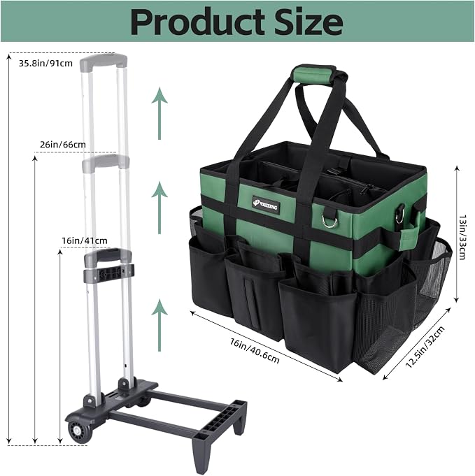 Large Rolling Cleaning Caddy Bag with Wheels, Cleaning Bag with Detachable Trolley, Cleaning Bags on Wheels for Housekeepers, Cleaning Cart Supplies Organizer for Home, Car, Picnic (Green)