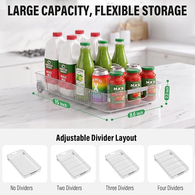 Pull Out Fridge Organizer Bins with Wheels, 8 Dividers, 2-Pack | Clear PET storage bins with handles, rear wheels and adjustable dividers for refrigerator, pantry and cabinet shelves