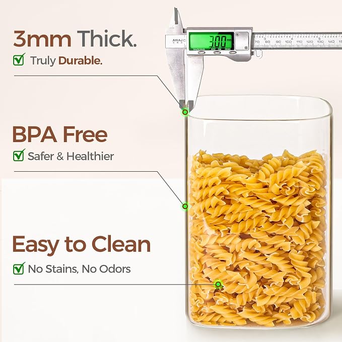 ComSaf Glass Storage Jars with Bamboo Lids 4.6 Qt Large Pantry Square | Cabinet Organization, Flour Sugar Coffee Beans, Pasta Cereal Dry Food, Big Capacity, Dry Food Storage