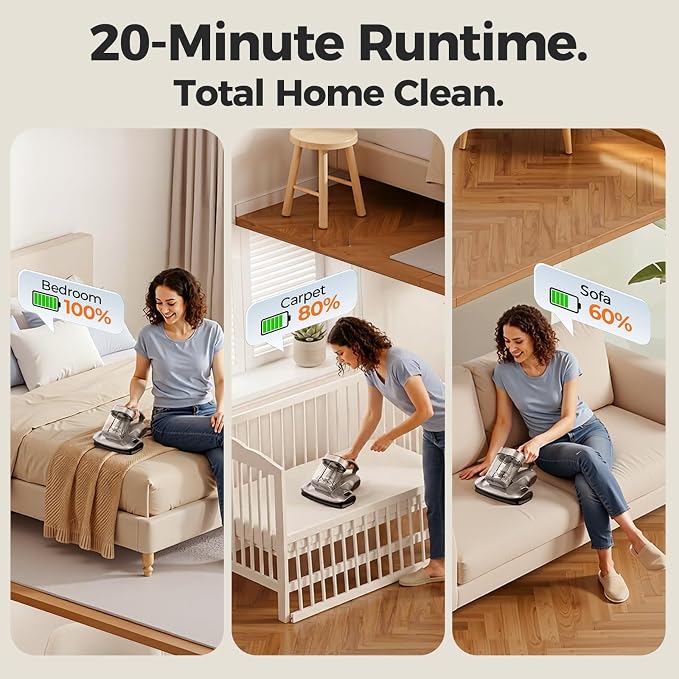 JIGOO 2-in-1 Mattress and Pet Hair Vacuum Cleaner, Bed Vacuum Cleaner with Dust Sensor, Ultrasonic and High Heating, Deep Cleaning Bed Vacuum for Sofa Bed Fabric Surface (S100 Cordless,Gray)