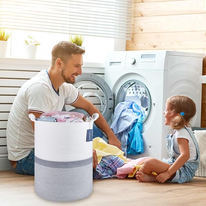 COMSE Tall Woven Blanket & Laundry Basket, 72L, Blend White & Gray | 15.7”x 21.7”, Cotton Rope, Large Nursery Hamper for Storage of Toys Clothes Towels, Great for Living Rooms Bedrooms Bathrooms