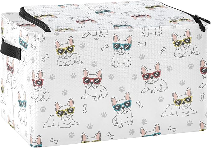 Funny Pets Dogs White pattern Under Bed Storage Containers with Double Zipper Openings, Foldable Clothes Storage Bins with Clear Window and Handles for Comforters Blankets Bedding