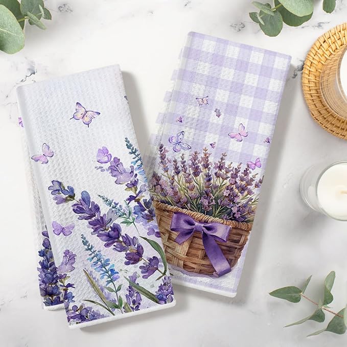 Lavender Purple Flower Kitchen Towels, Quick Dry Multipurpose Waffle Weave Hand Towels for Bathroom, Absorbent Reusable Cloth Tea Dish Towels for Home Decor, Lavender Lover Gift Towel Set of 2