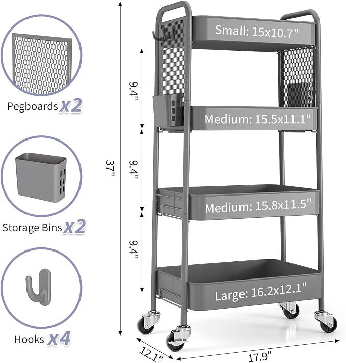 TOOLF 4 Tier Rolling Cart, Metal Utility Storage Cart with Pegboard, Grey | 2 Bins & 4 Hooks, Screwless Assembly, Lockable Wheels, Trolley Organizer for Bathroom, Kitchen, Office, Dorm, Craft Room
