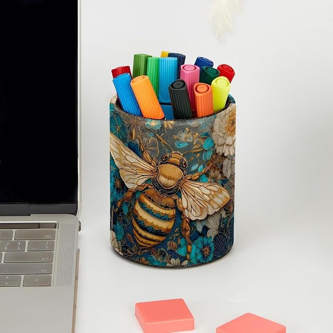 Faux Leather Pen Holder for Desk, Pencil Organizer Cute Bee Pen Cup Desk Decor Makeup Brush Holder Storage for Office Home