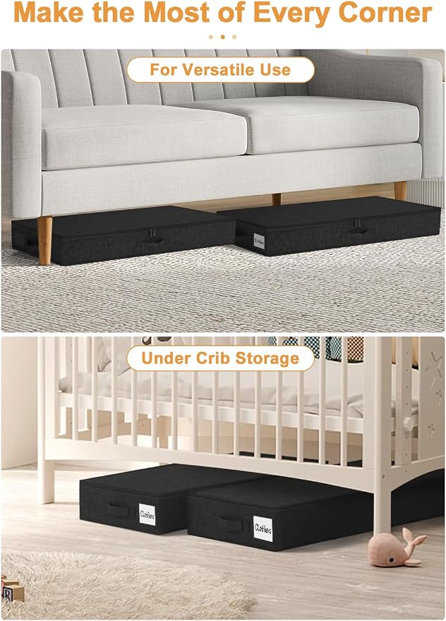 punemi 4.5 in Tall Low Profile Under Bed Storage Containers, 2 Pack, Black | Structured Clothes Organizer Bin with Reinforced Sides & Bottom, Shallow Design for Dorm, Couch, Crib & Closet Storage