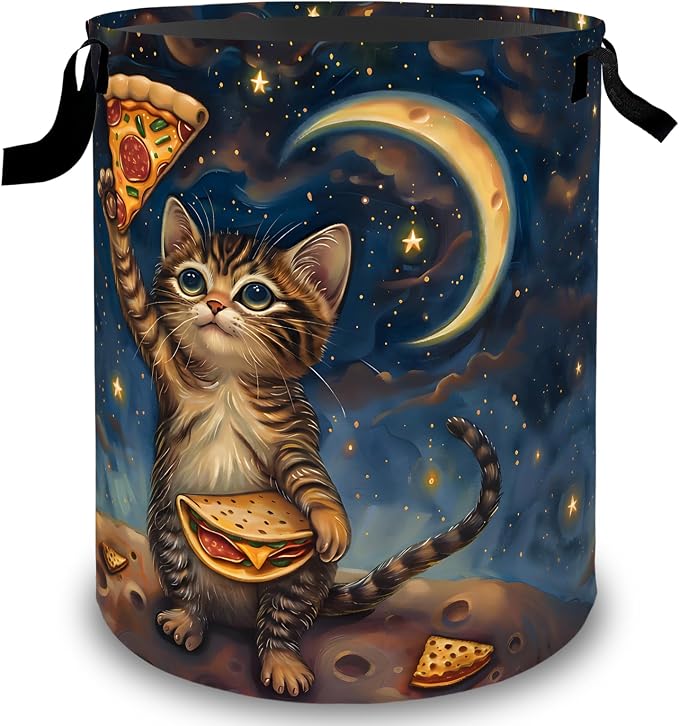 Playful Cat Laundry Basket Hamper, Organizer Bins Gifts for Women Kids, Cute Pizza Moon Foldable Waterproof Clothes Hamper Handles Storage Bucket for Bedroom Bathroom Room Decor 19.7"x15.7"