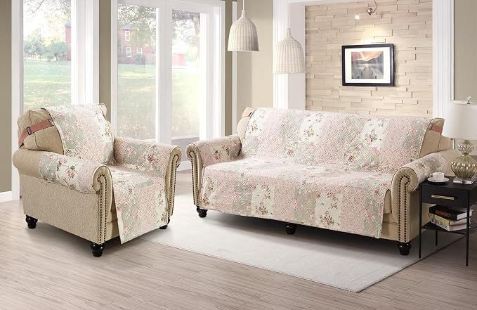 Brilliant Sunshine Soft Pink Roses & Sages Couch Recliner Cover, 26" seat | Quilted Sofa Cover, Living Room & Bedroom Furniture Protector, Washable Reclining Chair Slipcover for Pets, Dogs & Cats