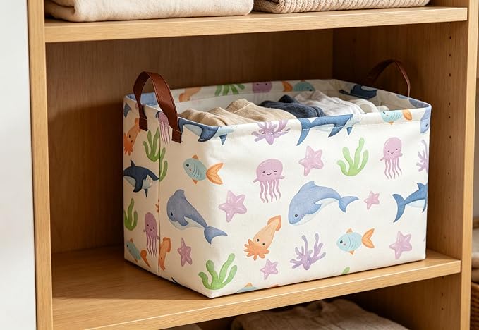 Essme Rectangular Basket, Storage Basket with Handles for Room Decor,Ocean Storage Bin（Ocean）