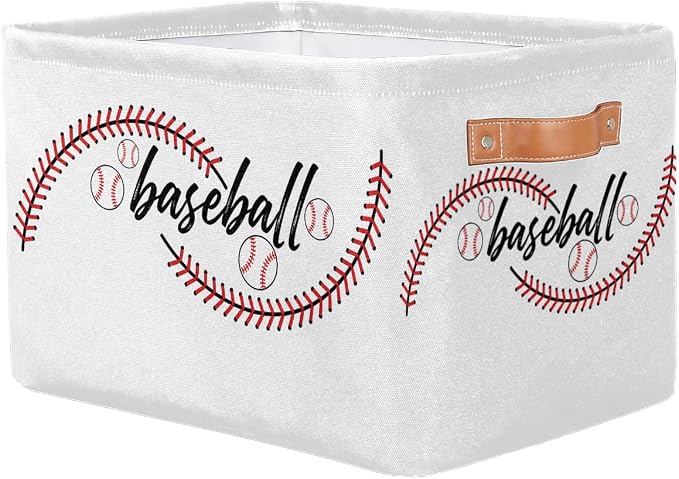 AUUXVA Storage Basket Baseball Stitches Storage Cube Box Sport Baseball Basket Softball Canvas Collapsible Toy Storage Bin Shelf Kids Gift Basket with Handles, 1Pc