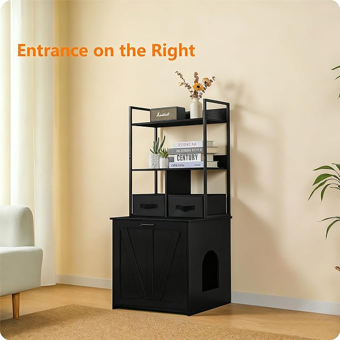 Dwanton Cat Litter Box Enclosure, 2 Storage Shelves and 2 Drawers, 50" H | 2-in-1 Hidden Cat Litter Box Enclosure Furniture with Shelf, Metal Frame, Reversible Entrance, Washable Drawers, Black
