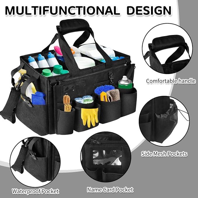 Boczif Cleaning Caddy Bag Wearable,Cleaning Caddy Supplies Organizer（Black） | with Handle, Shoulder Straps & Detachable Divide, Cleaning Tool Organizers Tote Bag for Cleaners & Housekeepers