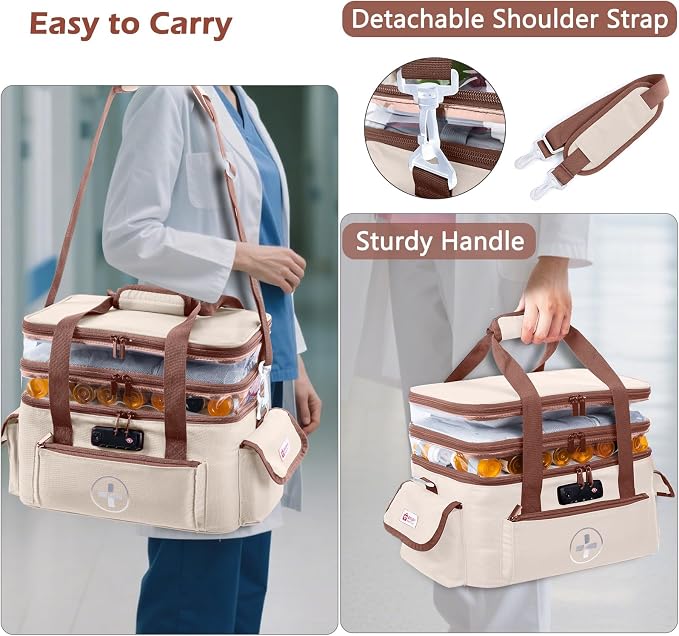 BAGSFY 3-Tier Medicine Organizer with Combination Lock – Large Medicine Bag, Empty First Aid Kit Case, Pill Bottle Medical Supply Organizer, Travel Prescription Bag, Medication Storage Container