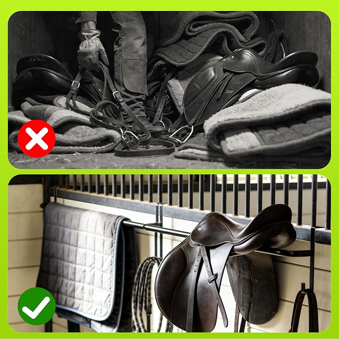2Pcs Heavy Duty Horse Blanket Rack with Bridle Hooks | No-Drill Wall Mounted Portable Blanket Bar, Saddle Pad Rack for Horse Tack Storage, Ideal for Barn & Tack Room Use, Black